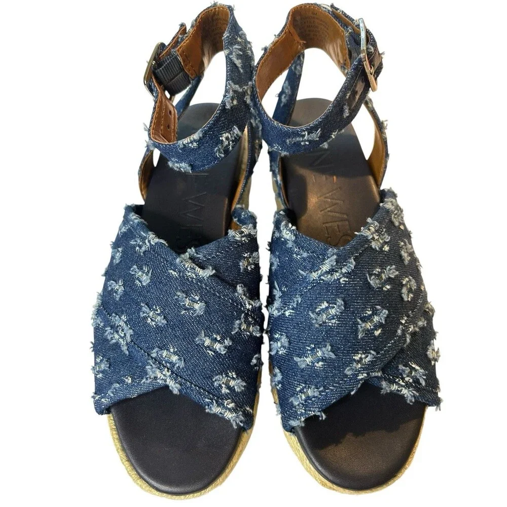 Nine West Espadrille Platform Sandals 6M Showrunner Denim Ankle Strap Open Toe